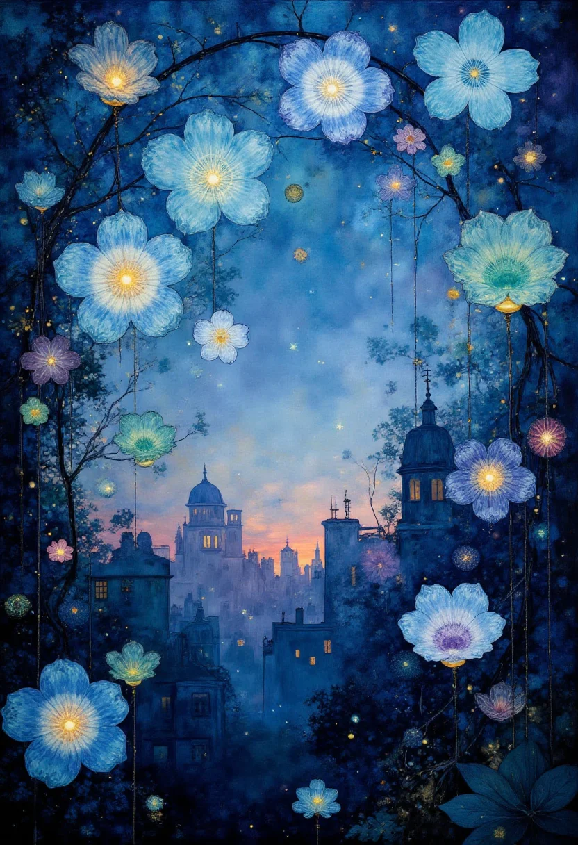 Beneath a celestial dome painted with twilight hues of indigo and violet, an ethereal crystal garden flourishes. Delicate glass blooms, crystallized in shades of turquoise, emerald, and amethyst, drape from an invisible latticework of tendrils that crisscross the sky. Their radiant centers glow softly, reflecting an illusive light that seems to originate from within each blossom. The composition invites viewers to wander among these iridescent petals, suspending reality as they venture through this surreal oasis of liquid beauty. Upon closer inspection, intricate patterns adorn the glassy surfaces, whispering tales of ancient craftsmanship steeped in mystery. The atmospheric serenity evokes feelings of awe and wonder, while subtle shadows cast by these luminescent blooms add depth and texture to the ephemeral realm. By incorporating bold contrasts of light and shadow against a dreamlike canvas, this image effortlessly transports the observer into a realm where fantastical glass art unfolds in harmonious union with the heavens themselves. ,<lora:flux/fav/Digital painting V1.safetensors:1.0:1.0>