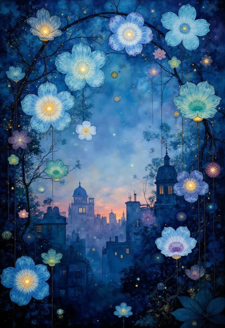 Beneath a celestial dome painted with twilight hues of indigo and violet, an ethereal crystal garden flourishes. Delicate glass blooms, crystallized in shades of turquoise, emerald, and amethyst, drape from an invisible latticework of tendrils that crisscross the sky. Their radiant centers glow softly, reflecting an illusive light that seems to originate from within each blossom. The composition invites viewers to wander among these iridescent petals, suspending reality as they venture through this surreal oasis of liquid beauty. Upon closer inspection, intricate patterns adorn the glassy surfaces, whispering tales of ancient craftsmanship steeped in mystery. The atmospheric serenity evokes feelings of awe and wonder, while subtle shadows cast by these luminescent blooms add depth and texture to the ephemeral realm. By incorporating bold contrasts of light and shadow against a dreamlike canvas, this image effortlessly transports the observer into a realm where fantastical glass art unfolds in harmonious union with the heavens themselves. ,<lora:flux/fav/Digital painting V1.safetensors:1.0:1.0>