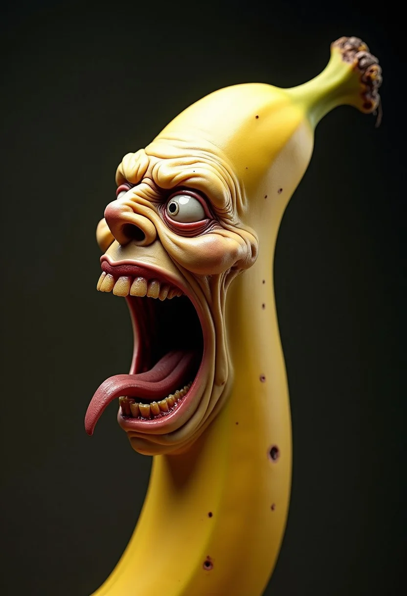 Hyperrealistic banana with a grotesquely anthropomorphic face, screaming in intense rage or agony. Curved, elongated shape with smooth yellow skin, transitioning seamlessly into wrinkled, flesh-like features. Eyes bulge outward, bloodshot and strained, with pale, watery flesh forming eerie eye sockets. Brow deeply furrowed, creating harsh lines across the banana's surface. Nose scrunched and flared, nostrils clearly visible. Mouth stretched impossibly wide, revealing rows of human-like teeth and a moist, glistening tongue. Lips pulled back in a snarl, exposing gums. Cheeks contorted, emphasizing the screaming expression. Skin pores and fine hairs visible on the face portion, blending into the smooth, slightly blemished banana texture. Vivid yellow coloration with subtle brown speckles, highlighting the fruit's natural imperfections. Harsh lighting from above casts dramatic shadows, accentuating the three-dimensional quality and the grotesque facial features. Background is a neutral grey gradient, focusing attention on the surreal, nightmarish banana creature.
