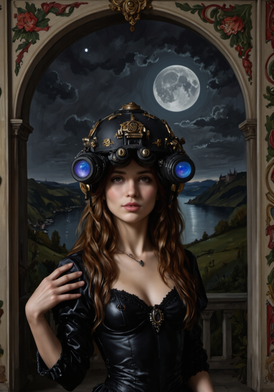 a young woman wearing n0ds on her head, featuring a protective headpiece painted in a glossy black finish with ornate gold accents. The n0ds are equipped with a dual-tube optical device, with two forward-facing cylindrical lenses that emit a faint blue glow, adding a modern contrast to the classical setting. The woman has long, wavy auburn hair cascading over her shoulders and wears a dark, elegant gown with intricate detailing, including puffed sleeves and a jewel-encrusted bodice. She is framed by an arched decorative border adorned with floral motifs, standing against a serene nighttime landscape that features a full moon illuminating a river, rolling hills, and distant castles. The artwork blends contemporary and historical elements, creating a visually striking and thematic juxtapositiondark, dramatic lighting<lora:n0ds_epoch_23.safetensors:1.0:1.0>