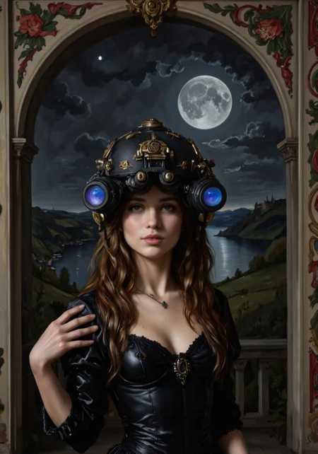 a young woman wearing n0ds on her head, featuring a protective headpiece painted in a glossy black finish with ornate gold accents. The n0ds are equipped with a dual-tube optical device, with two forward-facing cylindrical lenses that emit a faint blue glow, adding a modern contrast to the classical setting. The woman has long, wavy auburn hair cascading over her shoulders and wears a dark, elegant gown with intricate detailing, including puffed sleeves and a jewel-encrusted bodice. She is framed by an arched decorative border adorned with floral motifs, standing against a serene nighttime landscape that features a full moon illuminating a river, rolling hills, and distant castles. The artwork blends contemporary and historical elements, creating a visually striking and thematic juxtapositiondark, dramatic lighting<lora:n0ds_epoch_23.safetensors:1.0:1.0>