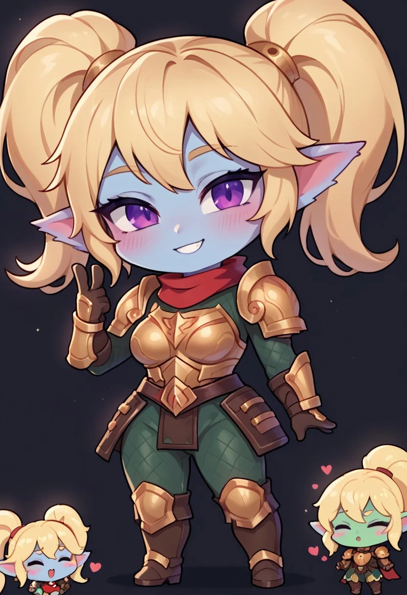 (score_9, score_8_up, score_7_up,) masterpiece,( high quality:1.1),( best quality:1.1),detailed,detailed eyes,perfect eyes,detailed,detailed hands,perfect hands,detailed,detailed legs,perfect hands,
PoppyLoLXLv2, blue skin, colored skin, shortstack, yordle, purple eyes, blonde hair, twintails, pointy ears, medium breasts, golden armor, armor shoulder, red scarf, breastplate, green snakeskin shirt, brown gloves, armor hips, green snakeskin pants, brown boots,(chibi:1.4),
1girl,solo,standing,(a gesture of the heart:1.1),smiling,closed eyes,
(black background:1.1),