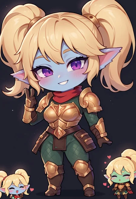 (score_9, score_8_up, score_7_up,) masterpiece,( high quality:1.1),( best quality:1.1),detailed,detailed eyes,perfect eyes,detailed,detailed hands,perfect hands,detailed,detailed legs,perfect hands,
PoppyLoLXLv2, blue skin, colored skin, shortstack, yordle, purple eyes, blonde hair, twintails, pointy ears, medium breasts, golden armor, armor shoulder, red scarf, breastplate, green snakeskin shirt, brown gloves, armor hips, green snakeskin pants, brown boots,(chibi:1.4),
1girl,solo,standing,(a gesture of the heart:1.1),smiling,closed eyes,
(black background:1.1),