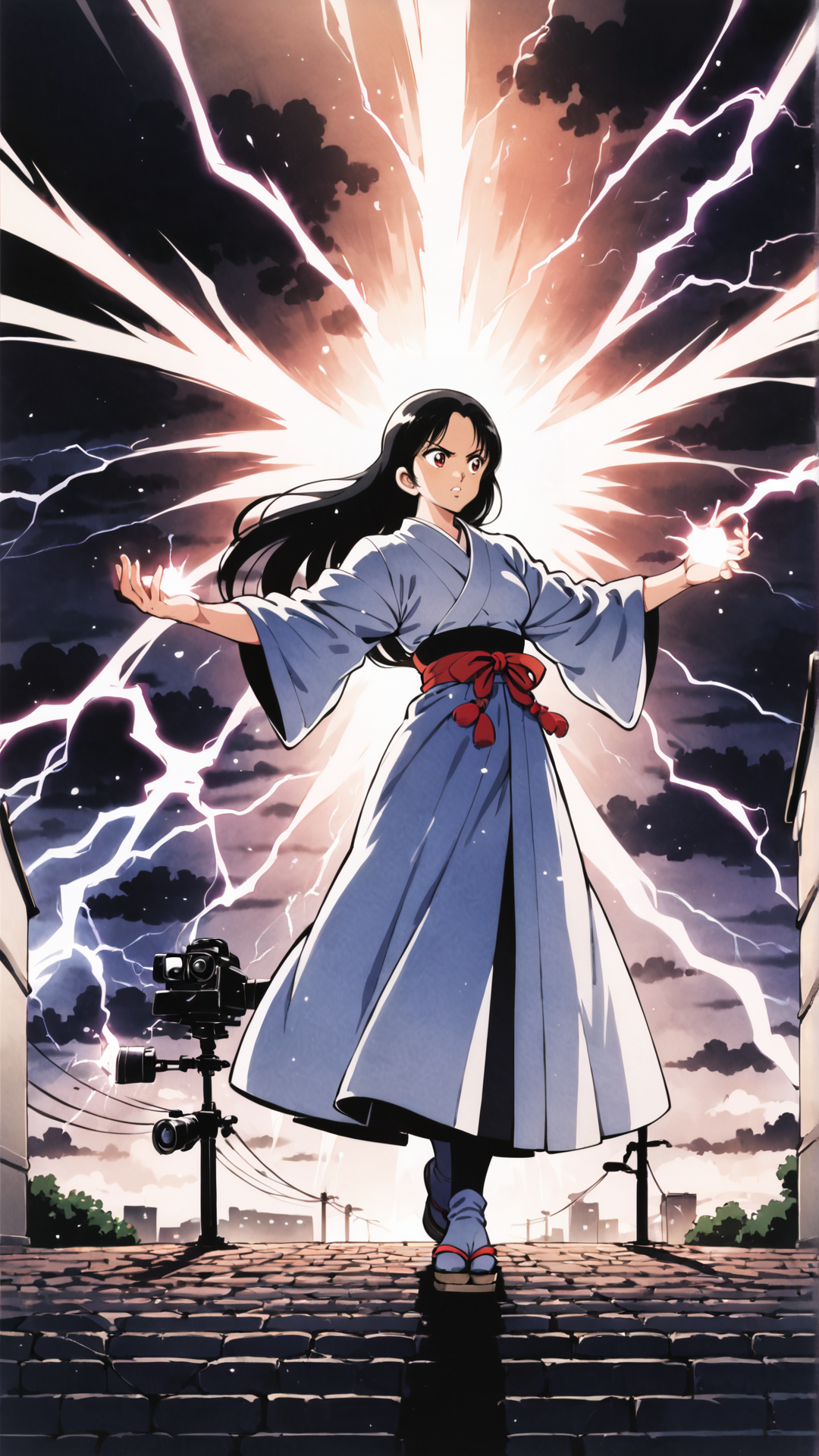score_9, score_8_up, score_7_up, BREAK   <lora:Adachi_XL_PONY:1>
1girl, long hair, black hair, red eyes, lightning, magic, storm, detailed background, intricate details, highly detailed, ultra detailed, hyper detailed, complex background, night, city, street, glowing, soft lighting, highres, masterpiece, best quality, anime screencap, traditional clothes, white outfit, dynamic pose, casting lightning magic, intense expression, powerful atmosphere