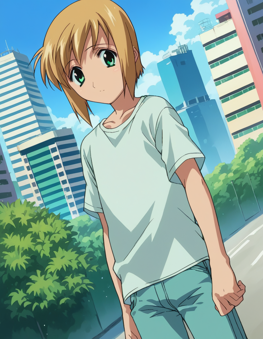 score_9, score_8_up, score_7_up, source_anime,
bokunopico, <lora:boku-no-pico-ponyxl-lora-nochekaiser:1>
pico, short hair, green eyes, blonde hair,
shirt, white shirt, pants,
outdoors, cityscape,
looking at viewer, dutch angle, cowboy shot,