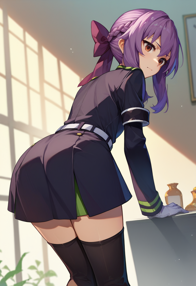 score_9, score_8_up, score_7_up, source_anime,ShinoaDef, purple hair, brown eyes, braided hair, purple hair bow,  black uniform, white armband, black thighhighs, white gloves, white belt, from behind,  bent over,   <lora:ShinoaXL1-000010:1>