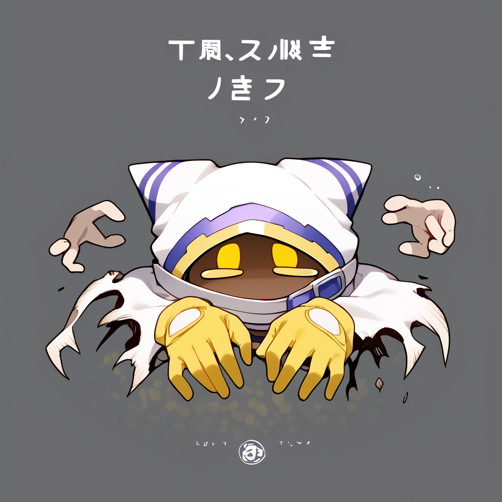 <lora:Magolor:1.29> solo, 1other, tattered cape, dark skin, hood, yellow eyes,  solid oval eyes, white clothes, floating limbs, yellow gloves, sad