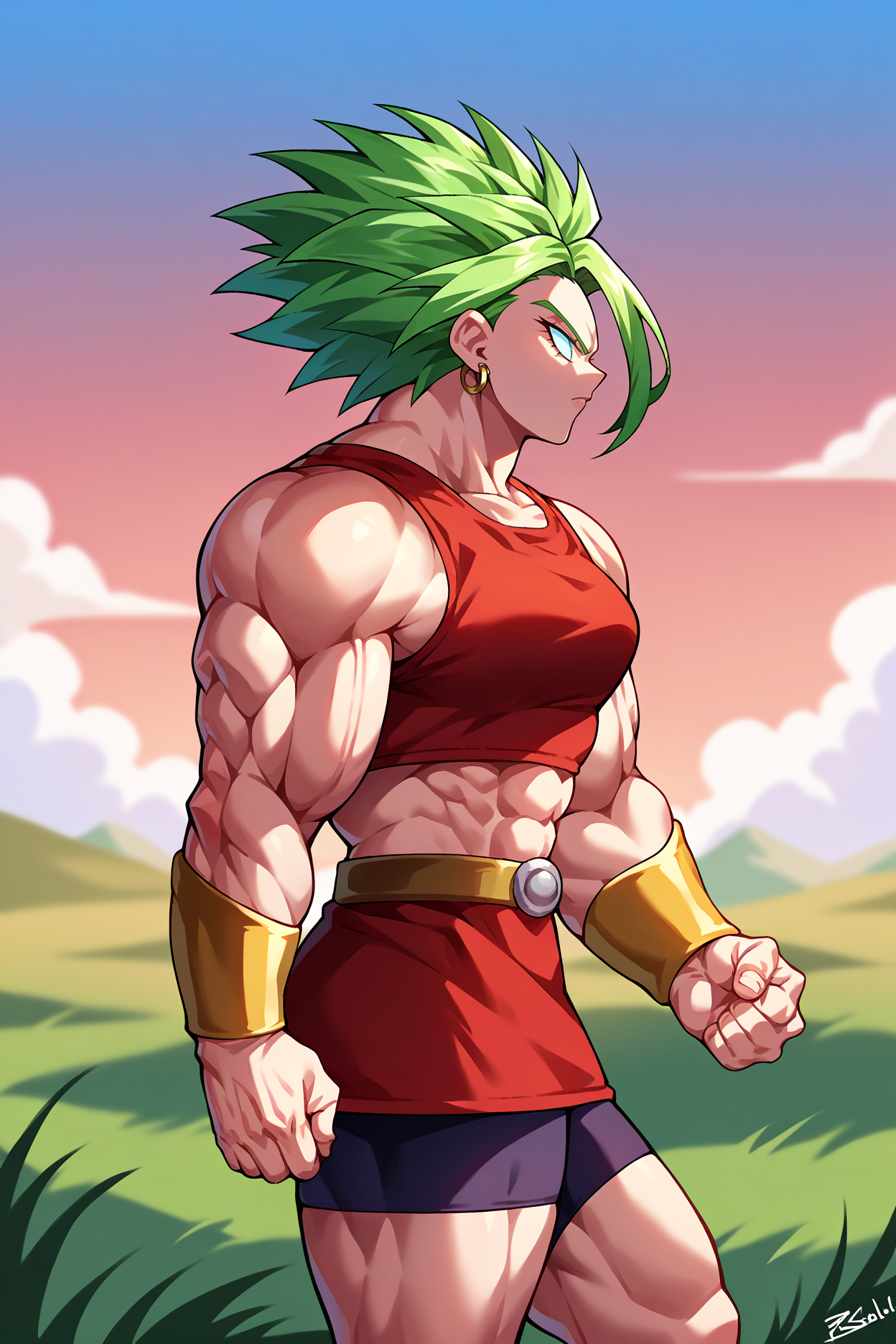score_9, score_8_up, score_7_up, score_6_up, source_anime, 1girl, solo,  <lora:kale-pdxl-nvwls-v1-000007:1> bskKal, green hair, muscular female, very muscular, no pupils, earrings, red tank top, red skirt, bracer, midriff, shorts under skirt, from side, serious, profile, walking, field, red sky