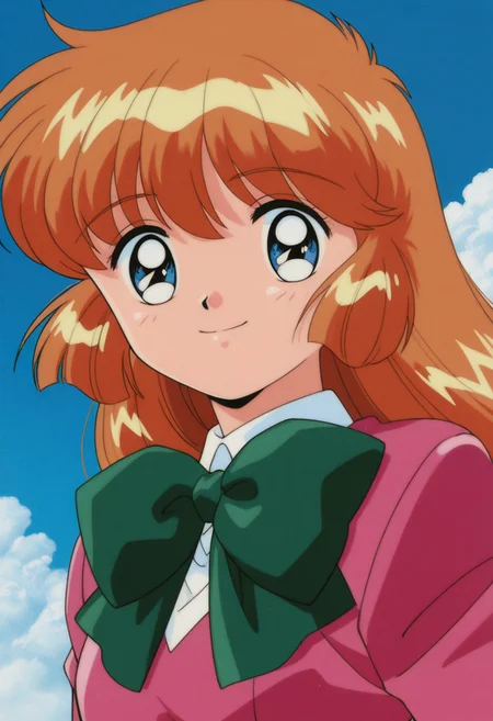 masterpiece, best quality, source_anime,official art,perfect_anatomy,1990s_\(style\),retro_artstyle,meimi haneoka,1girl,long hair,orange hair,school uniform,skirt,bow,(looking_at_viewer,smile)portrait,close to viewer,day,blue_sky,cloud