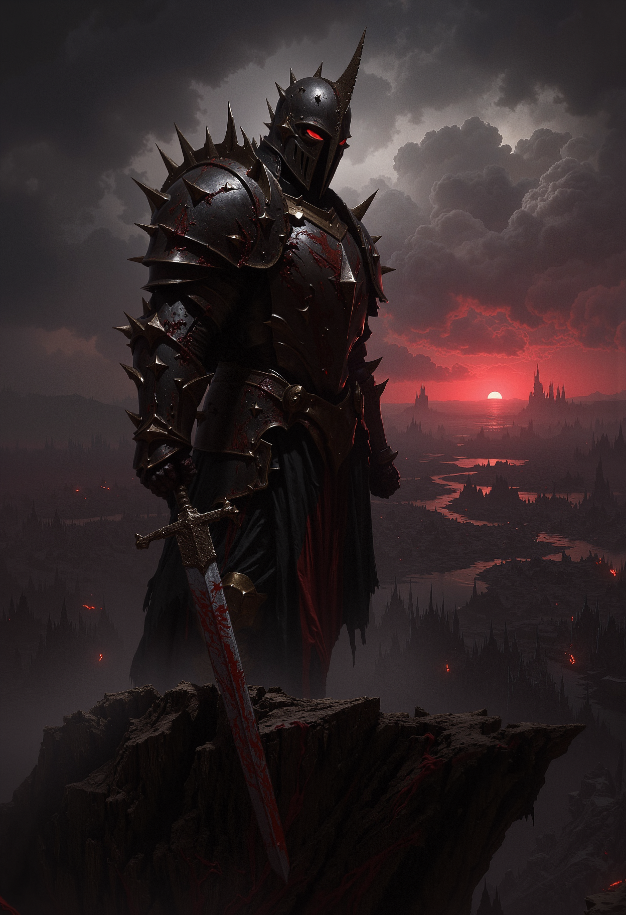 A lone knight, clad in black spiked armor, stands on a cliff overlooking a ruined battlefield. The knight's armor is dented and stained with dried blood, with glowing red eyes visible through the slit of his helmet. In his hand, he holds a rusted sword, its blade chipped and scarred. The battlefield below is littered with the broken remnants of ancient warriors and siege engines, with dark clouds swirling above. The lighting is dim, with an eerie red glow coming from the horizon as if the sun is bleeding into the sky. The style is dark fantasy, with a haunting, war-torn atmosphere.    <lora:dark_fantasy_flux:0.83> <lora:FredFraiStyle-FLUX-Share:0.63> <lora:sxz-Dark-Fantasy-v2-Flux:0.33> drkfnts style,