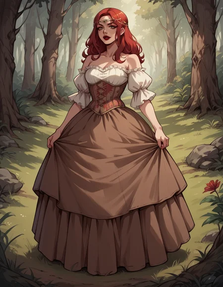 score_9, score_8_up, score_7_up, score_6_up, score_5_up, score_4_up, source_anime, 1girl, long red hair, makeup, red lipstick, full body, hud_forest_fairy_dress, white and brown dress, puffy sleeves, floral corset, silver circlet, bare shoulders, <lora:forestfairyxlp_epoch_8:0.6>,