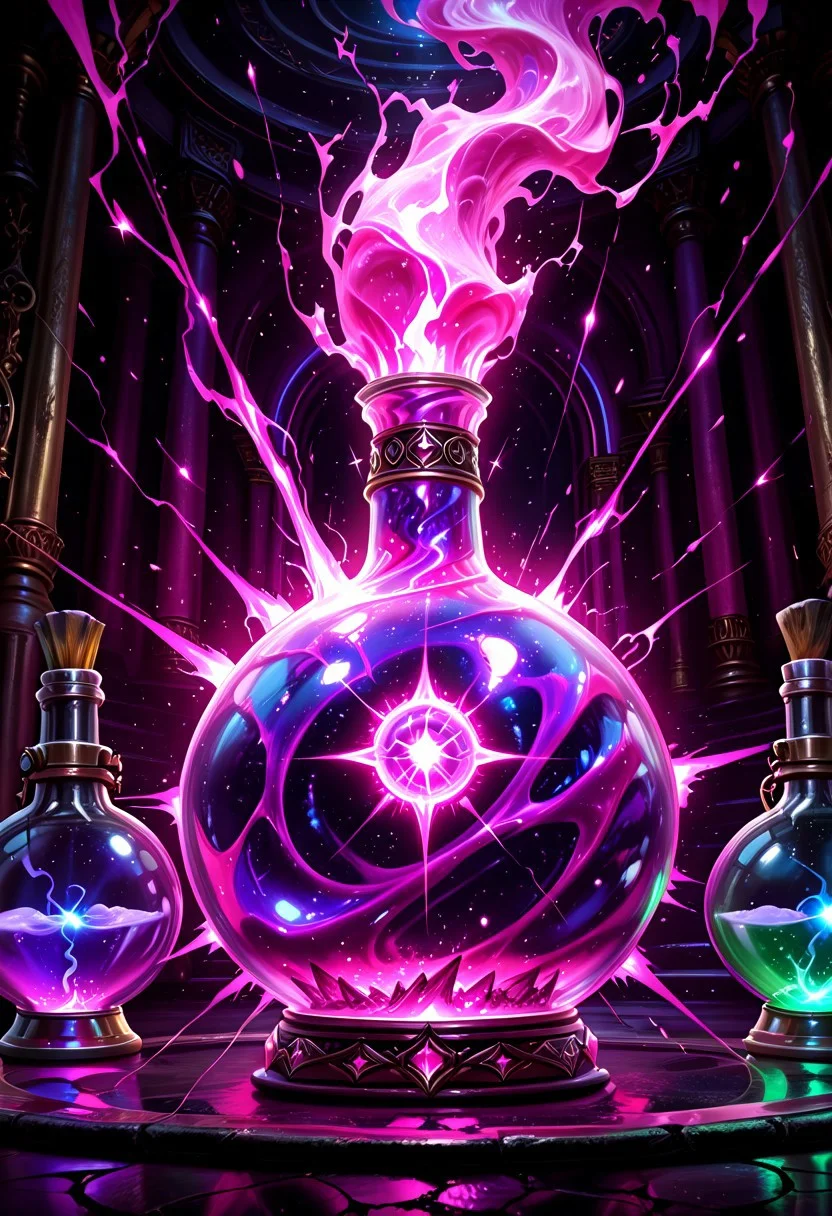 absurdres, newest high_def, highest quality, 4k, best quality, masterpiece, no humans, object focus, focused, defined, (Photorealistic magic potion:1.3), intricate glass bottle, elixir, pink colors, deep purple, neon shine, neon hues , bubbling, ethereal light, flashy lights, magic lights, luminous, dynamic reflections, magical aura, highly detailed, fantasy essence, glowing particles, radiant aura, A3THER, no humans