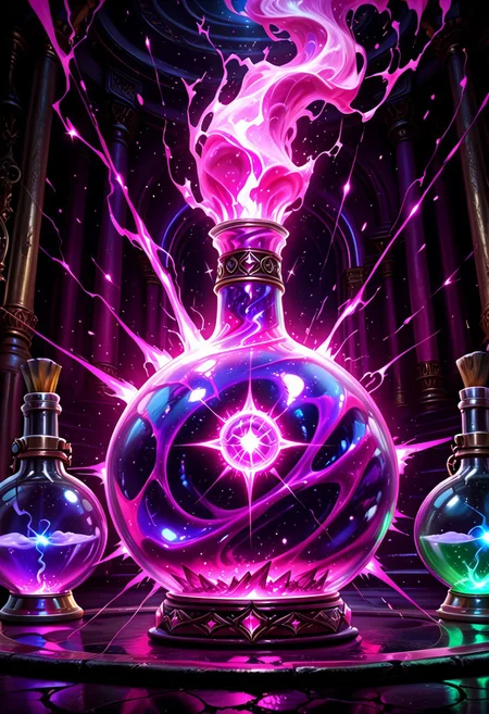 absurdres, newest high_def, highest quality, 4k, best quality, masterpiece, no humans, object focus, focused, defined, (Photorealistic magic potion:1.3), intricate glass bottle, elixir, pink colors, deep purple, neon shine, neon hues , bubbling, ethereal light, flashy lights, magic lights, luminous, dynamic reflections, magical aura, highly detailed, fantasy essence, glowing particles, radiant aura, A3THER, no humans