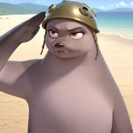 masterpiece, best quality, amazing quality, b3th1, female, furry female, feral, solo, sea lion, grey fur, brown eyes, eyelashes, black nose, whiskers, small ears, buck teeth, missing front teeth, spots on fur, flippers (limbs), army helmet, fat, serious, salute, fullbody, outdoors, beach, sand