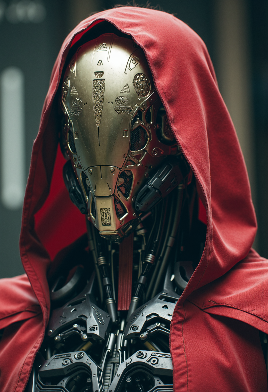 A futuristic cybernetic warrior clad in a sleek, high-tech exosuit, primarily in black and red with intricate golden mechanical components. The humanoid figure wears a hooded cloak of crimson, draping elegantly over the advanced armor. The robotic faceplate is a fusion of glossy black metal and reflective gold plating, adorned with intricate engravings, tubes, and mechanical joints. The exosuit features detailed cybernetic enhancements, reinforced armor plates, and energy conduits glowing faintly beneath the surface. The background is dark and blurred, emphasizing the warrior's presence with a cinematic lighting effect. The overall aesthetic is a fusion of cyberpunk, sci-fi fantasy, and futuristic military design. Ultra-detailed, photorealistic, cinematic lighting, dramatic shadows, 8K resolution.


SCI_FACTOR_CORE