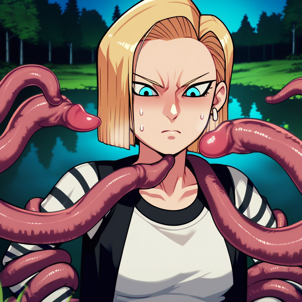 score_9, score_8_up, score_7_up, score_6_up, score_5_up, score_4_up, T3NT4CL3T1P, just_the_tip, imminent_penetration, (perfect face, perfect eyes), BREAK, 1woman, android_18, blonde hair, blue eyes, tentacles, tentacle, imminent penetration, blonde pubic hair, pubic hair peek, (excessive pubic hair), Outside at night, a lake in the distance, trees, stone,AddXL, sm_an_stl ,source_anime, anime screencap, anime, animification