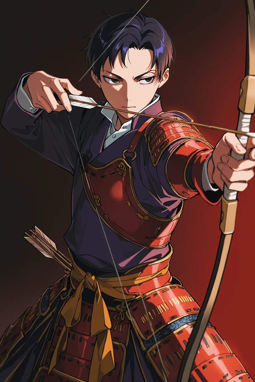 masterpiece, best quality, absurdres, safe
1boy, solo, shizuka doumeki, black hair, black eyes, japanese armor, holding bow \(weapon\), bow \(weapon\), aiming, arrow \(projectile\)
artist:yoneyama mai
<lora:xxxholic_il_1_d16:1>