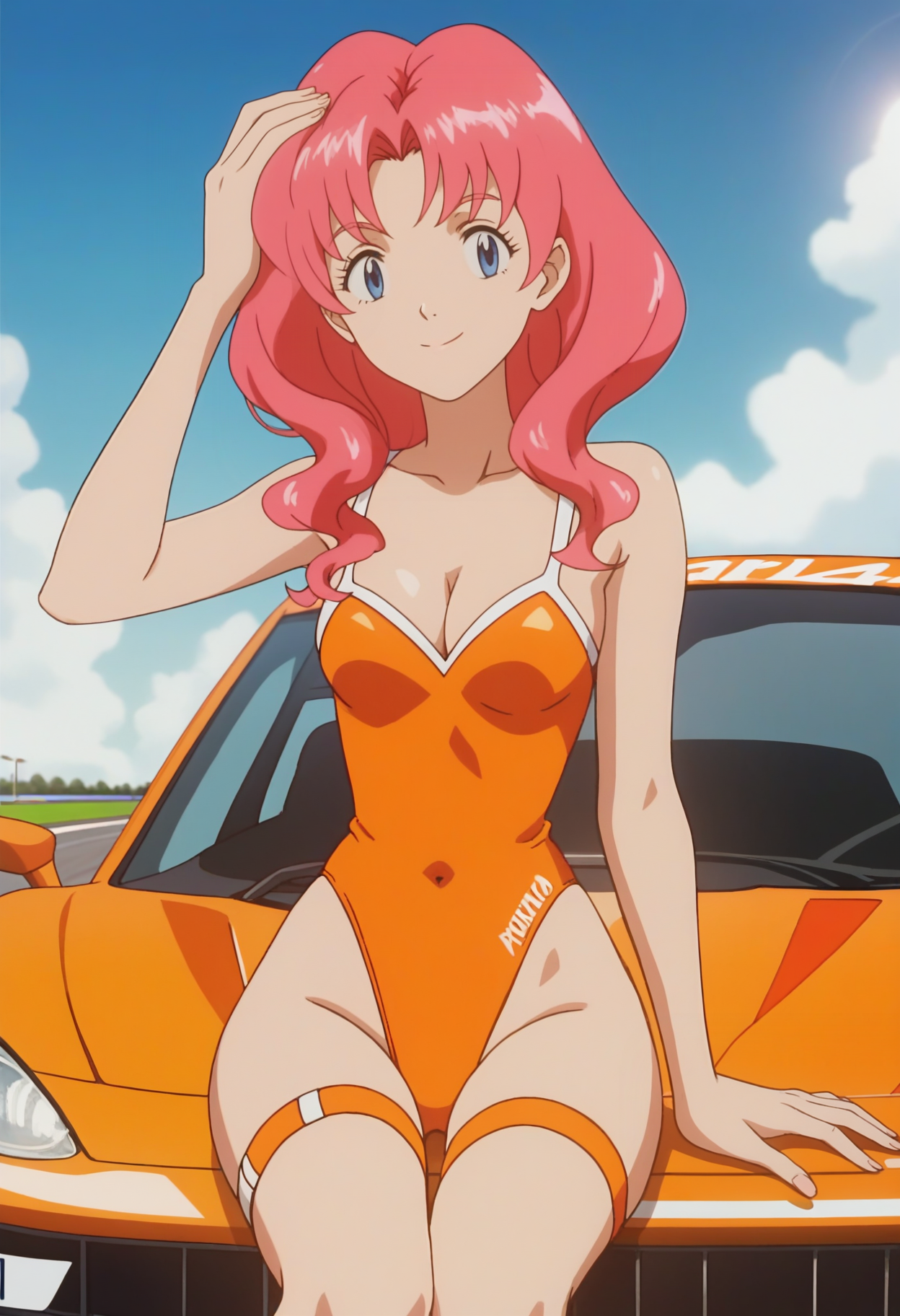 score_9, score_8_up, score_7_up, score_6_up, anime screencap, anime coloring, <lora:PMLily:0.9>, PMLily, 1girl, solo, pink hair, blue eyes, short hair, parted bangs, cleavage, 
race queen, orange leotard, highleg leotard, thigh strap,
sitting on car, smile, hand on head,
BREAK, blue sky, sunlight, day, formula one, ground vehicle, orange car, racing track,