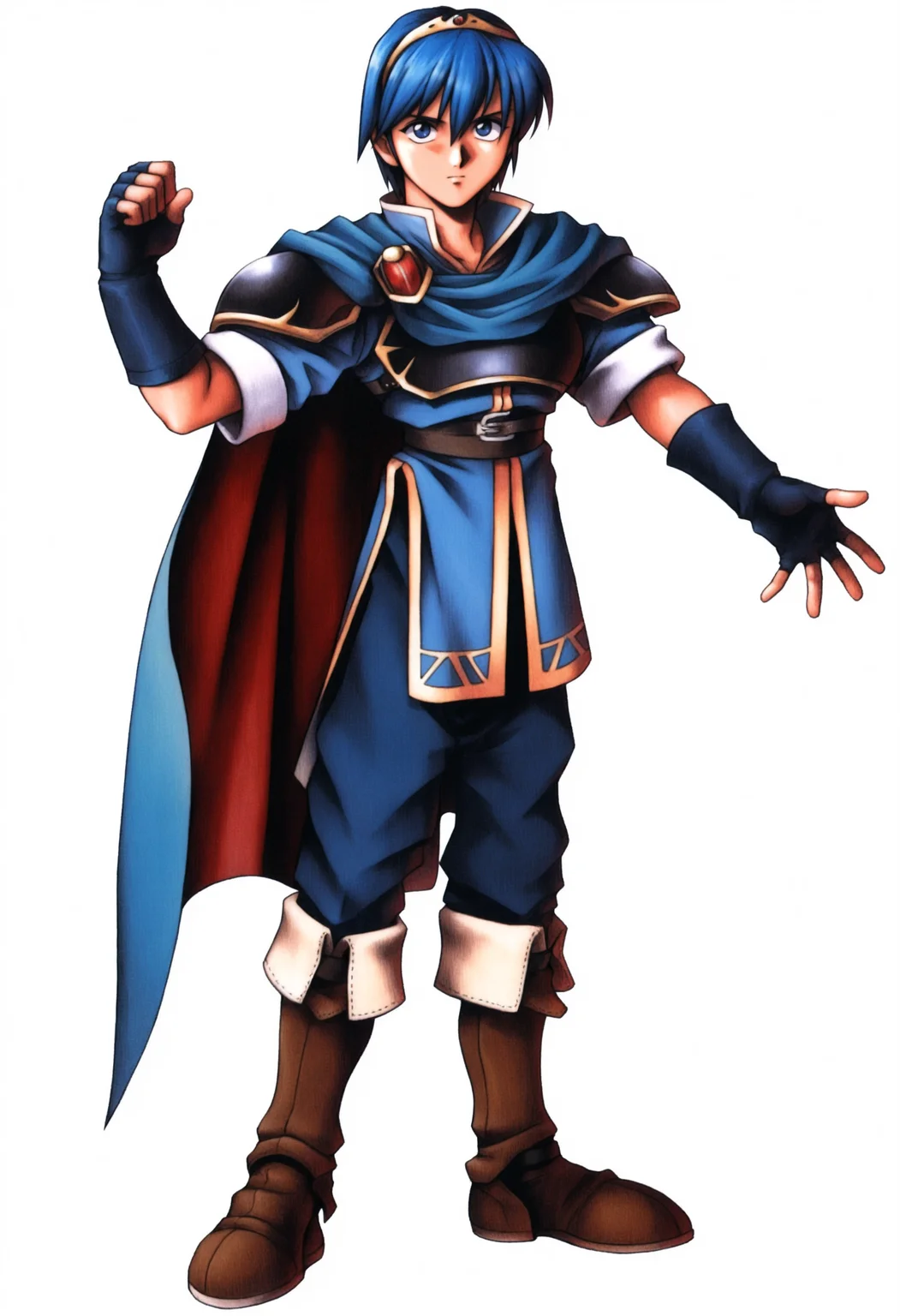 masterpiece, best quality, solo, 1boy, looking at viewer, <lora:FF7-Offical-Art-illus_Fp:1>, 1990s \(style\), simple background, white background, full body, standing, marth \(fire emblem\),