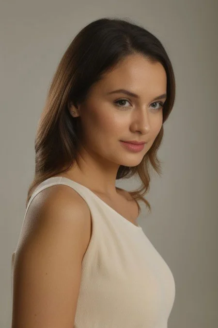 Create a portrait masterpiece with perfect anatomy, utilizing a medium shot for a RAW photo of a 30-year-old woman. Showcase curtain bangs, focusing on her head, hair, shoulders, and hands down. Set against a plain white background, the image is captured in 8K UHD using a DSLR camera, employing soft lighting for high-quality results. Introduce a touch of film grain, shot with a Fujifilm XT3, Glamour
Sexy Woman
Look at viewer: 1.2
Cinematic light
Even lighting
High key
Low Key
Shadow
Contrast
Visual Detail:
Skin texture
Small skin pores
Film grain: 1.3
Warm hue, warm tone: 1.2
Technical Aspect:
Ultra-high res
