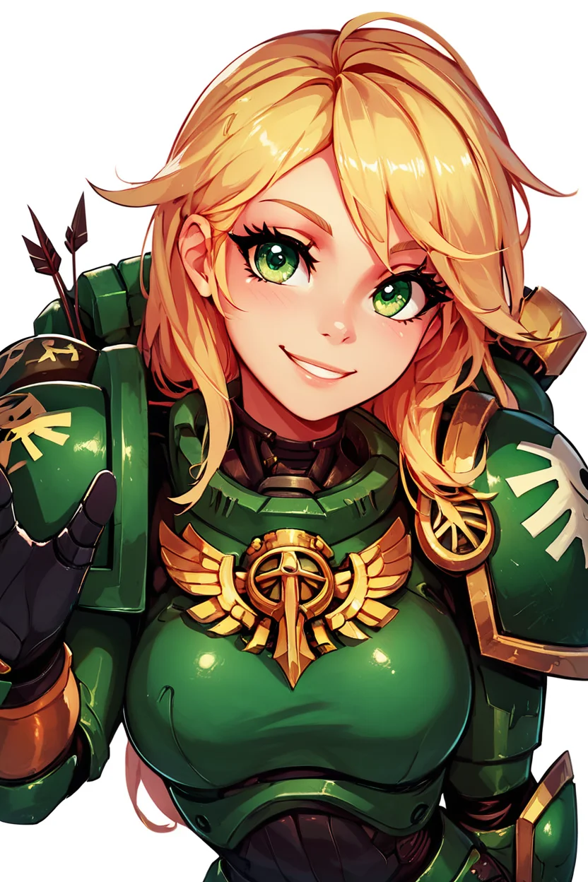 score_9, score_8_up, score_8, medium breasts, (curvy), cute, eyelashes, BREAK, , zzDarkAngel, 1girl, long hair, simple background, white background, green eyes, weapon, gun, pauldrons, shoulder pads, power armor shoulder armor, arrow (symbol), green theme, cowboy shot, <lora:Dark_Angels_Warhammer_40K_PDXL_v2:0.8>, , BREAK, looking at viewer, smile, waving, upper body, leaning forward, head tilt, embedding:zPDXL, Expressiveh, <lora:CatalystStylePDXL:0.6>, <lora:SDXLFaeTastic2400:0.5>, <lora:Expressive_H-000001:0.4>,