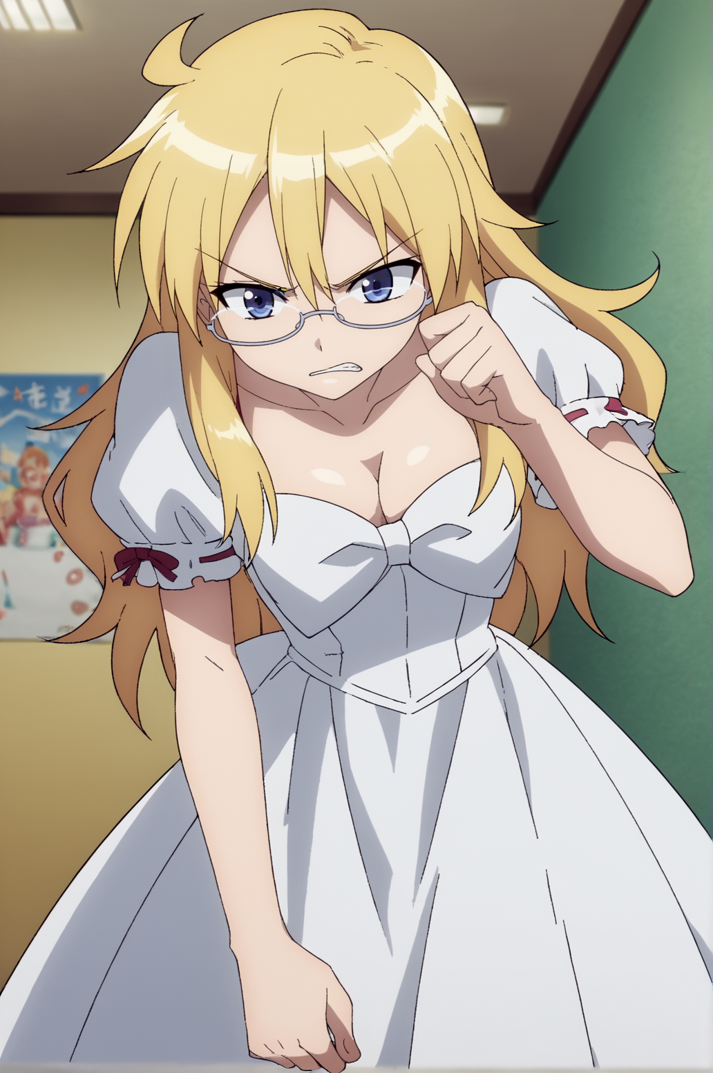score_9, score_8_up, score_7_up,anime_source, source_anime, best background, detailed background, anime screencap,  Ayame, solo, 1girl, breasts, cleavage, dress, glasses, tsundere, angry, short sleeves, white dress, dynamic camera, dynamic angle, perfect hand, perfect fingers,   indoors,  <lora:JN_Ayame_Shaga:0.8>