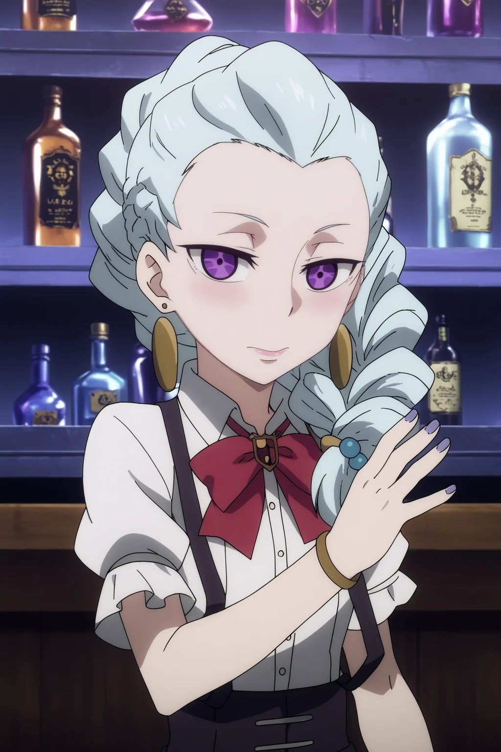 nona,1girl,solo,braid, single_braid, jewelry, earrings, white_hair, bracelet, long_hair, bow,school_uniform, looking_at_viewer, suspenders, short_sleeves, hair_over_shoulder, lipstick, smile,nail polish smile,waving, BREAK indoors,bar with alcohol,bar,purple light,gothic_architecture, low light <lora:Nona_-_Death_Parade.safetensors:1> <lora:detailed_backgrounds_v2.safetensors:0.6>,