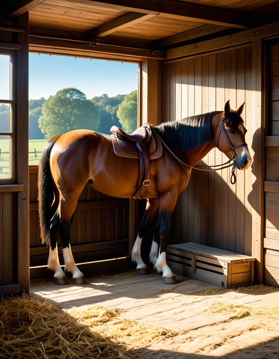 A rustic horse stable in the countryside, built with aged wooden beams and stone foundations, bathed in warm golden sunlight. The stable doors are slightly open, revealing the soft hay-covered floor inside. Horses stand calmly in their stalls, their glossy coats catching the light. Dust particles float in the air, illuminated by the sunbeams filtering through the gaps in the wooden planks. The atmosphere is serene, with a vintage, timeless feel. Weathered saddles and bridles hang neatly on the stable walls, and an old wooden cart sits nearby. The background features rolling green fields and a clear blue sky, creating a peaceful rural setting. Ultra-detailed, photorealistic, warm tones, cinematic lighting, sharp textures.
<lora:SDXLFaeTastic2400:0.4> <lora:extremely_detailed:0.4> extremely detailed,<lora:rustic_horse_st4bl3:1>,rustic horse st4bl3, Masterpiece,best quality,hi res,8k,hi res,8k,award winning,(sharp focus, intricate, highly detailed),