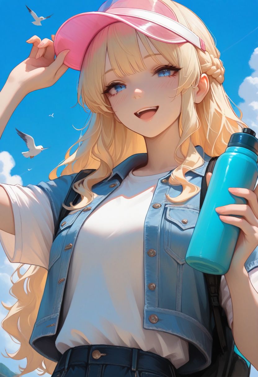 masterpiece, best quality, 1girl, solo, blonde hair, wavy hair, half updo, sidelocks, choppy bangs, blue eyes, smile, open mouth, looking at viewer, hand up, holding bottle, aqua thermos, visor cap, pink cap, transparent cap, t-shirt, white shirt, cropped jacket, denim jacket, black backpack, upper body, from below, dutch angle, blue sky, day, cloud, bird, stylized