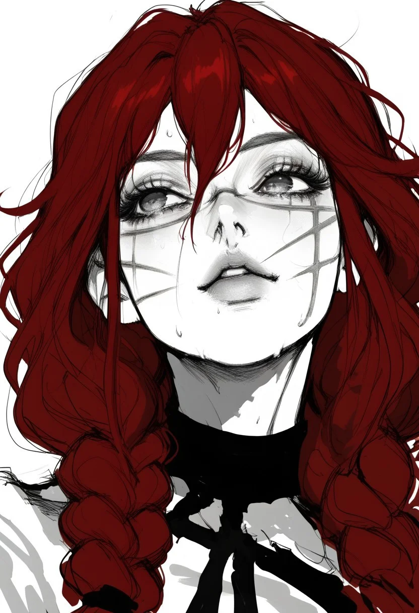 score_9, score_8_up, score_7_up, extremely detailed, sharp focus, HD, cute face, 1girl, face scars, sketch, red hair, solo, thick body, breasts, very soft breasts, skindentation, Straight Hair, Highlights in hair, Long Hair, half braided hair, inside, black choker, seductive, alluring, sports bra, erect nipples, sweating, very sweaty, Front View, abs, portrait, face focus,