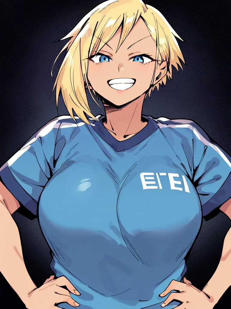 score_9, score_8_up, score_7_up,  
1girl, oda yuuhi, blonde hair, short hair, asymmetrical hair, tan, blue eyes, large breasts,
smile, grin, looking at viewer, blue t-shirt, short sleeves, soccer uniform, black background, hands on hips, upper body, face, 

