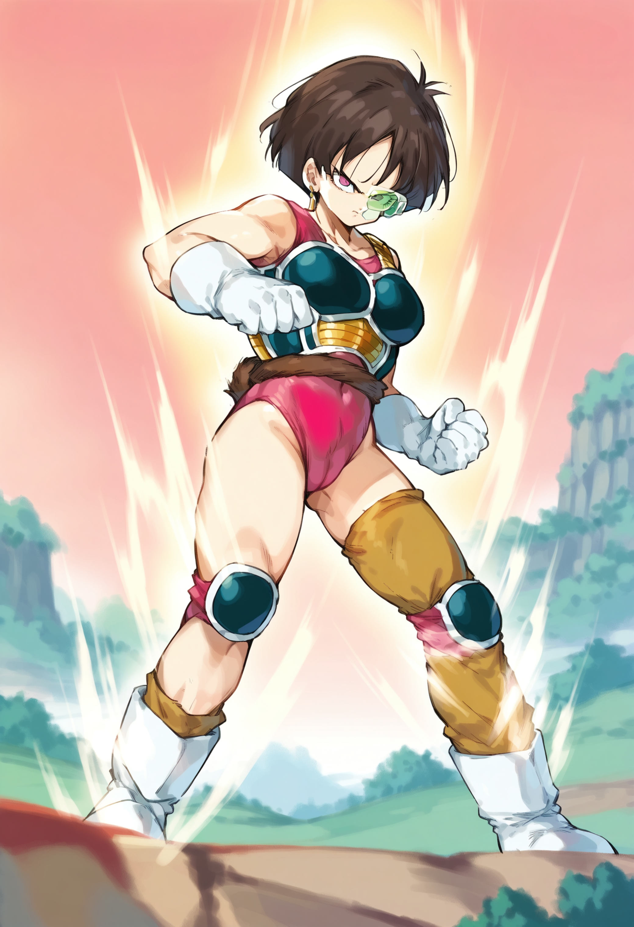 score_9, score_8_up, score_7_up, score_6_up, source_anime, dutch angle, (fighting movement), (white aura), 1girl, full body, <lora:Fasha:1> fasha, Saiyan Armor,  gloves, boots, short hair, eyewear, monkey tail, pink leotard,serious, BREAK  seen from below,(sideview:0.7), grand canyon in background, movement lines, motion blur