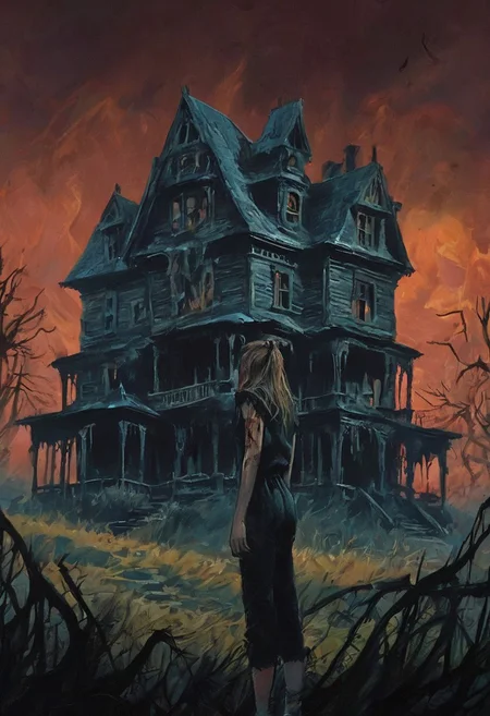 Movie Horror aesthetic, ((colors)), with a pissed off expression, a 19yo girl stand on hunted house in front of hunted hill, muscular, scream, stunning background. dark and moody, a mesmerizing blend of light and shadow. masterpiece, absurdres, intricate details