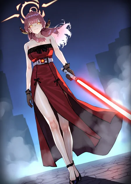 newest, stylish, extreme aesthetic, 1girl, aru \(blue archive\), full body, blue archieve, halo, outstretched arm, holding lightsaber, faiz belt, strapless nightgown, square neckline, side slit, long dress, (red tight dress:1.1), arm at side, bare legs, bare shoulders, black lace gloves, pumps, aged up, artist:kaoming, artist:kesoshirou, night, backlighting, dutch angle, evil smile, closed mouth, (light smile:1.1), glowing eyes, dark, looking at viewer, steam, excessive steam, night, walking, <lora:faiz-ilu01:0.6>