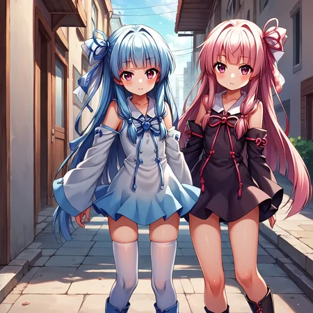 score_9, score_8_up, score_7_up, source_anime, BREAK
<lora:Kotonoha_MMD_Pony_V1:0.85>KotonohaMMD, pink eyes, long hair, bangs, blunt bangs, sidelocks, very long hair, hair intakes,hair ribbon, ribbon, hair ornament, hair tie, yagasuri,
dress,sleeveless, bare shoulders, collared dress, wide sleeves, long sleeves,
zettai ryouiki, thighhighs, thighhighs under boots, knee boots,
2girls, sisters, kotonoha akane, kotonoha aoi, (blue hair:1.1), pink hair, black dress, white dress,
(cowboy shot:1.5)seiza,