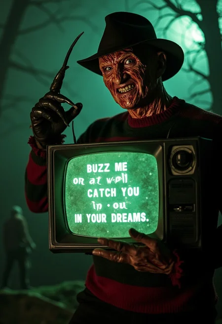Create a chilling scene featuring Freddy Krueger, the iconic horror character, as he looms menacingly in the foreground. His face should be partially obscured by shadows, highlighting his trademark burned skin and sinister grin. His gloved hand, with its razor-sharp claws, is pointed directly at the viewer, creating an unsettling sense of engagement.
In his other hand, he holds an old, vintage television set. The screen of the TV flickers erratically, casting an eerie glow that adds to the unsettling atmosphere. On the screen, the phrase "Buzz me or I will catch you in your dreams" is displayed in distorted, ghostly lettering, as if it’s part of a warped broadcast. The text glows ominously, surrounded by static and distortions, enhancing the horror of the situation.
The background should be a nightmarish landscape, perhaps featuring a dark, fog-covered dreamscape with twisted trees and haunting silhouettes. Flickering shadows and ominous shapes loom in the background, hinting at the dangers that lurk in the realm of dreams. The overall color palette should consist of dark, muted tones, focusing on greens, blacks, and deep reds to maintain a sense of dread.
Add subtle details that evoke fear: perhaps a shadowy figure in the distance or disjointed dream imagery peeking through the fog. Use lighting effects to accentuate Freddy's features and create dramatic highlights and shadows, heightening the eerie atmosphere.