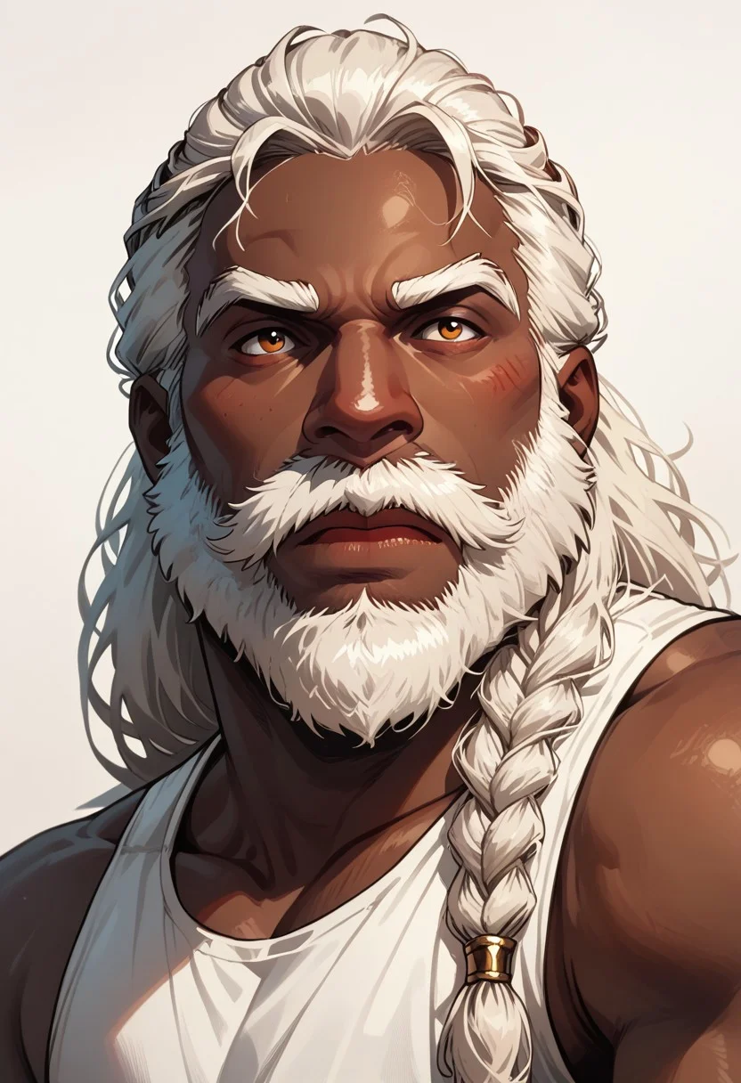 score_9, score_8_up, score_7_up, solo, solo focus, male focus, 1 boy, dark skin, dark-skinned male, white hair, beard, facial hair, braid, braided beard, big beard, epic beard, Dwarf, short stature, big nose, wide shoulders, muscular