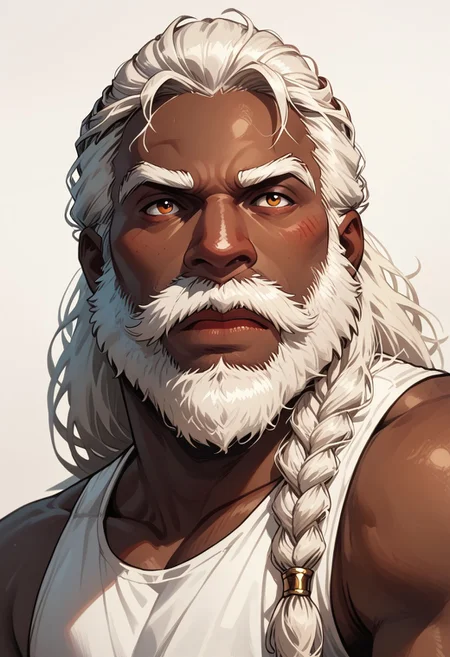 score_9, score_8_up, score_7_up, solo, solo focus, male focus, 1 boy, dark skin, dark-skinned male, white hair, beard, facial hair, braid, braided beard, big beard, epic beard, Dwarf, short stature, big nose, wide shoulders, muscular