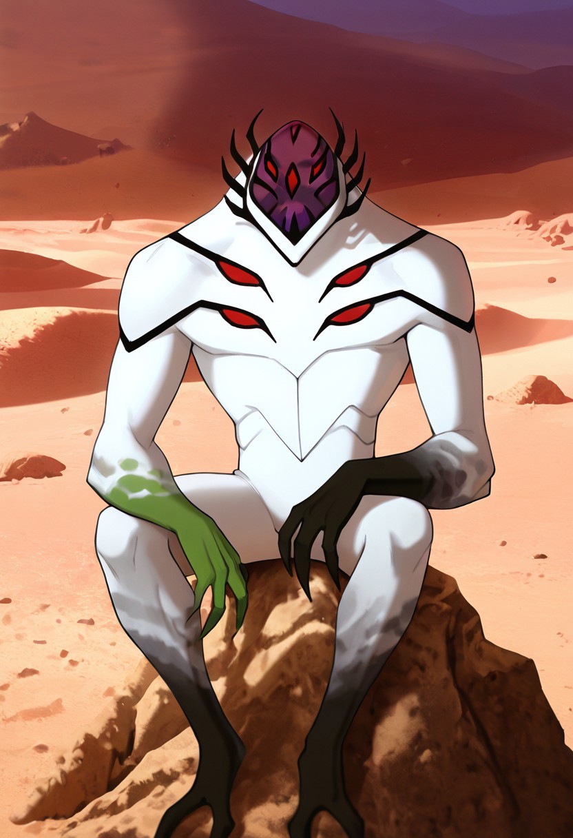 masterpiece, best quality, amazing quality, very aesthetic, absurdres, newest,, detailed background, 
highbreed, extra eyes, solo, alien, white skin, purple face, , monster, red eyes, black hands, , claws, black head spikes, white body,
desert, looking at hand, green hand, one green hand, left green hand, sitting on rock,