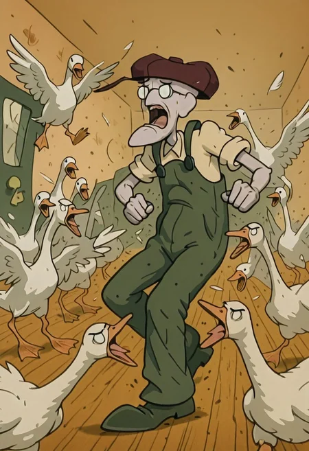 embedding:IllusP0s, goose ambush, 6+ geese, Eustace, Bagge, Green overalls, yellow shirt, hat, glasses, screaming, scared, running away,<lora:goose ambush_illustrious.safetensors:1.0:1.0>