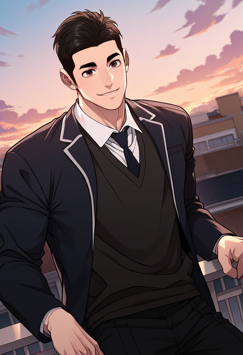 1boy, male focus, solo,
<lora:Character - Questism - Kang Sechan:1> kangsechan, black hair, brown eyes,
,((zPDXL)), score_9_up, score_8_up, score_7_up, score_6_up, score_5_up, score_4_up, best quality, amazing quality, best aesthetic, amazing aesthetic, absurdres, year2023, uncensored, very nsfw, official art, official style, detailed eye,
rooftop, school, outdoor, sky
school uniform,  blazer, black necktie, against railing, smile, looking at viewer,