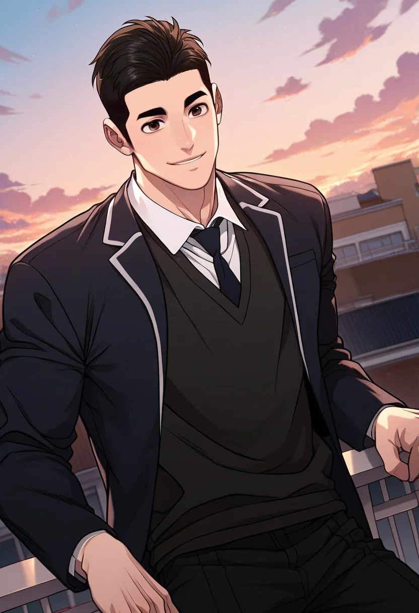 1boy, male focus, solo,
<lora:Character - Questism - Kang Sechan:1> kangsechan, black hair, brown eyes,
,((zPDXL)), score_9_up, score_8_up, score_7_up, score_6_up, score_5_up, score_4_up, best quality, amazing quality, best aesthetic, amazing aesthetic, absurdres, year2023, uncensored, very nsfw, official art, official style, detailed eye,
rooftop, school, outdoor, sky
school uniform, blazer, black necktie, against railing, smile, looking at viewer,