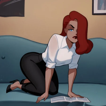 score_9, score_8_up, score_7_up, 1girl, solo, lipstick, red hair, blue eyes, hair over one eye, white shirt, black pants, high heels, Gsptlsnz (dc), kneeling, looking at viewer, couch