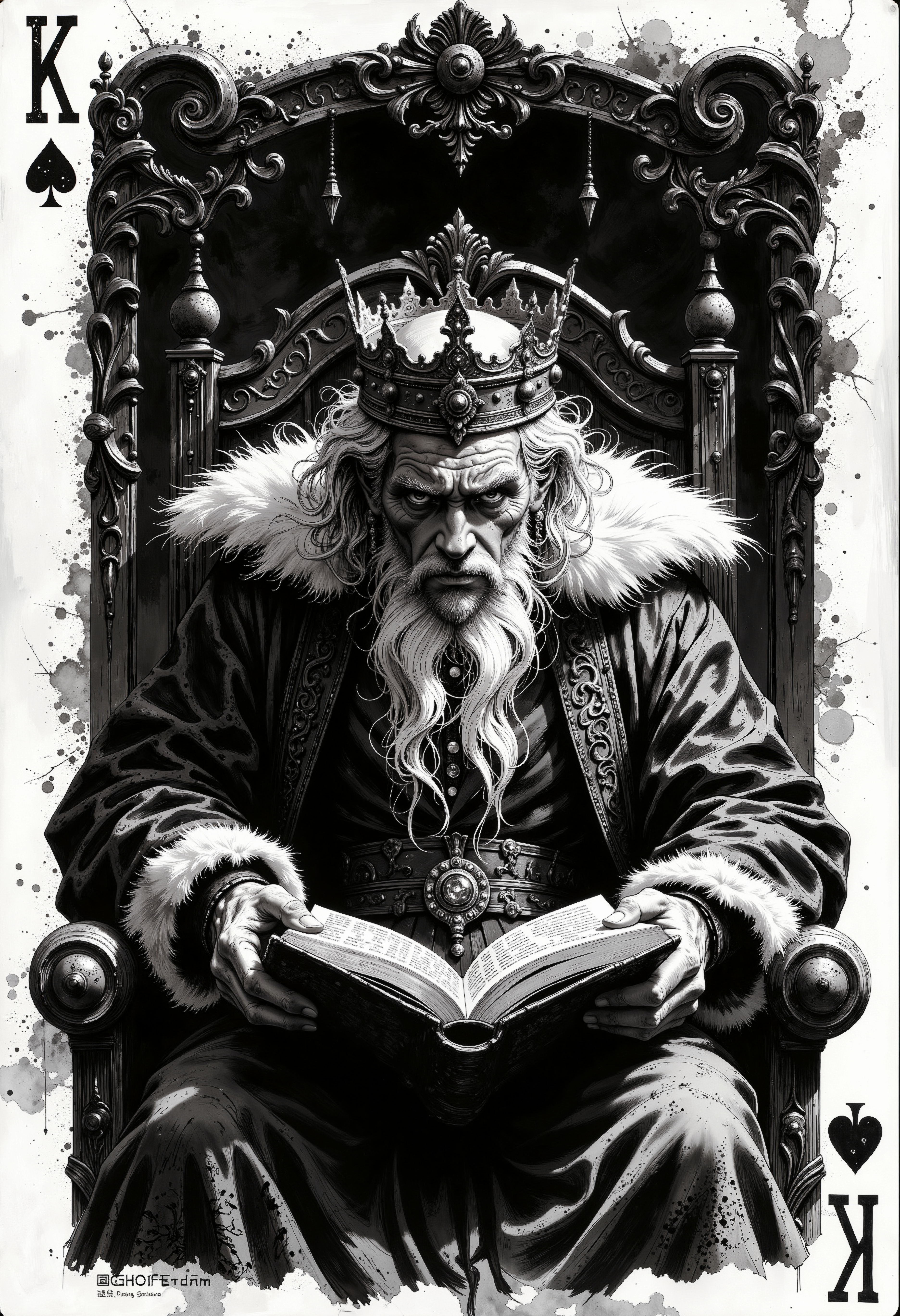 A detailed black and white pencil sketch that combines the following elements into a cohesive and harmonious design. King playing card design, featuring an old ruler with a majestic crown, depicted in a dark and mystical atmosphere, sitting in a throne, reading a book. Impressionist style highlights intricate details and textures, with an emphasis on dramatic contrasts of black and white. King card, an old regal figure with long, flowing beard and a crown. The scene is created in a hyperrealistic style, capturing intricate details of the character's weathered hands and ornate robe. Rich contrasts of black and white enhance the dramatic elements, with deep shadows and bright highlights.The King comes to life, emerging from the card as if it were passing through space.The overall mood is mysterious and regal, embodying a sense of lust and power., B&W, bo-abyss<lora:Flux/boFLUX-digital-abyss.safetensors:0.4:0.4> <lora:Flux/Wraith_BW_Flux.safetensors:0.5:0.5> <lora:Flux/MysticFantasy.safetensors:0.5:0.5>