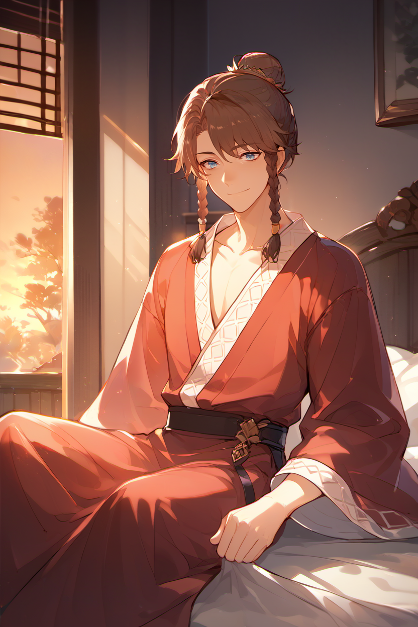 score_9, score_8_up, score_7_up, masterpiece, 1boy, solo, best quality,
indoors bed, red bed sheets, red nightie, sunset, sitting, smile,
hujia, single hair bun, twin braids, brown hair, blue eyes, swept bangs, 
 <lora:HuJiaPonyV2:1>
 <lora:fat-xl-a3.1:0.8>