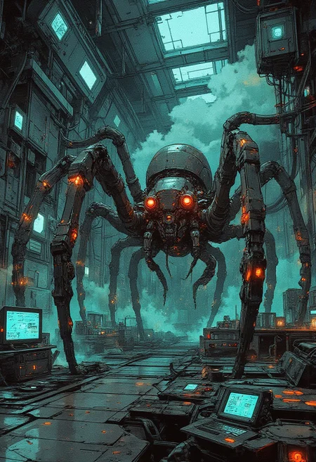 A highly detailed, cyberpunk futuristic digital illustration of an enormous biomechanical spider, its form an intricate fusion of organic flesh and advanced machinery. Its exoskeleton gleams with metallic plating, seamlessly integrated with pulsating, translucent bio-tissue that reveals glowing neural circuits beneath. Razor-sharp, hydraulic-powered legs extend with eerie precision, each joint lined with biomechanical tendons and synthetic muscle fibers. Its multiple eyes emit an ominous neon glow, scanning the sterile, high-tech laboratory filled with eerie blue and red emergency lights. Surrounding it, glass cylinders hold bubbling toxic liquids, their contents casting a sickly green illumination across the metallic surfaces. Holographic monitors flicker with cryptic data streams, while mechanical arms dangle from the ceiling, poised as if awaiting commands. Pools of corrosive chemicals hiss against the reinforced flooring, releasing plumes of vapor that twist into the air like ghostly tendrils. The composition is striking, a perfect blend of horror and technological marvel, capturing the unsettling elegance of an apex predator reborn through science. 8K, HD, HIGH RESOLUTION, MASTERPIECE, AWARD WINNING.