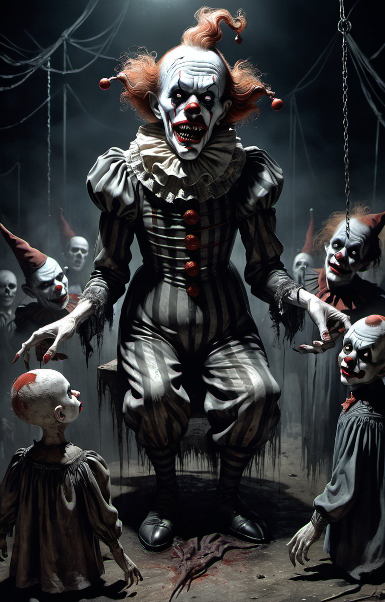 Horror-themed by peter de seve,(masterful but extremely beautiful:1.4),(masterpiece, best quality:1.4),in the style of nicola samori,Distorted,malevolent clowns,horror,macabre,circus of terror,twisted humor,creepy atmosphere,nightmarish visuals,surrealistic,eerie lighting,vibrant colors,highly detailed,by John Kenn Mortensen,, glow effects, godrays, Hand drawn, render, 8k, octane render, cinema 4d, blender, dark, atmospheric 8k ultra detailed, cinematic, Sharp focus, big depth of field, Masterpiece, 3d octane render, 8k, concept art, trending on artstation, hyperrealistic, extremely detailed CG unity 8k wallpaper, trending on CGSociety, Intricate, High Detail, dramatic . Eerie, unsettling, dark, spooky, suspenseful, grim, highly detailed