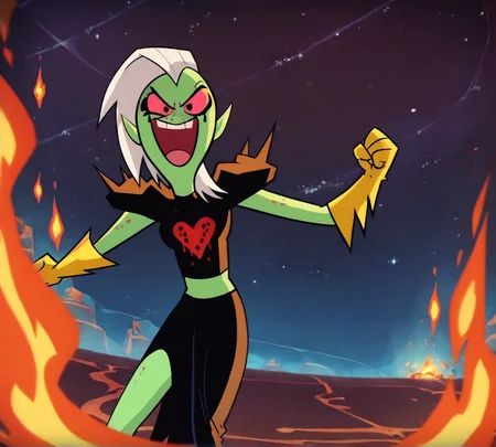 Lord Dominator, zPDXL, best quality, amazing quality, score 9, 1girl, white hair, evil laugh, clenched hands, background on fire, outdoors, night, space, <lora:Lord_Dominator:0.8>