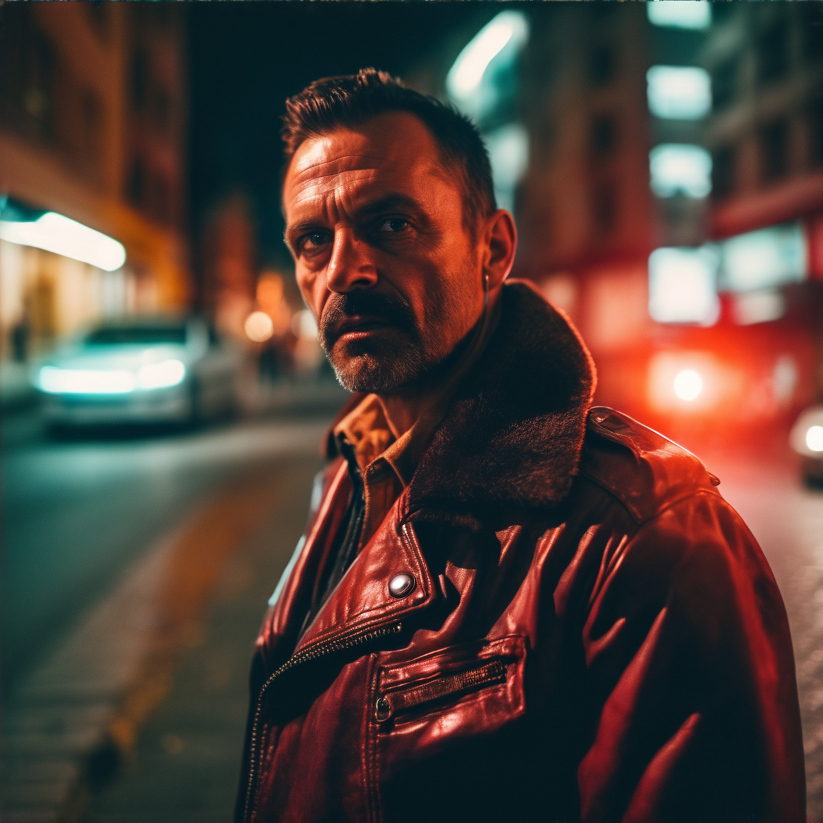 velumia close up man 40 years old in a leather jacket with an analog old camera at night in the city, cinematic, professional photo, very detailed red light <lora:velumia:1>