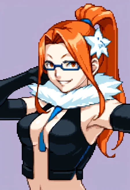 score_9, score_8_up, score_7_up, source_anime, BREAK, solo, 1girl, looking at viewer, smile, <lora:Ace-Attorney-Portraits-pdxl_Fp:1>, portrait, pixel art, simple background, upper body, <lora:Hinako-pdxl_Fp:1>, hinakokujou, orange hair, orange eyes, ponytail, hair ornament, midriff, black skirt, necktie, fur collar, black gloves, elbow gloves, black thighhighs, smile, cleavage, glasses,